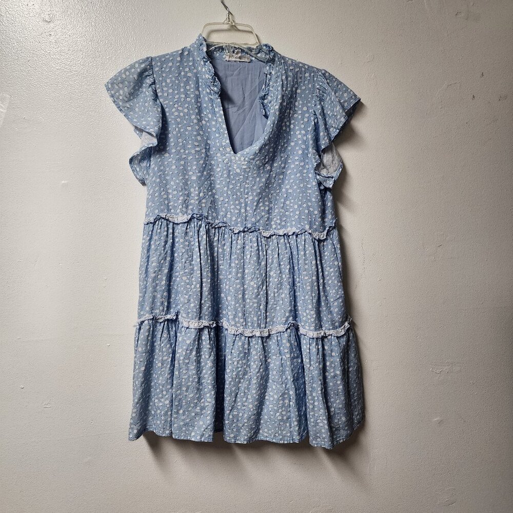 THML blue white print tiered sleeveless linen blend dress xs summer vacation